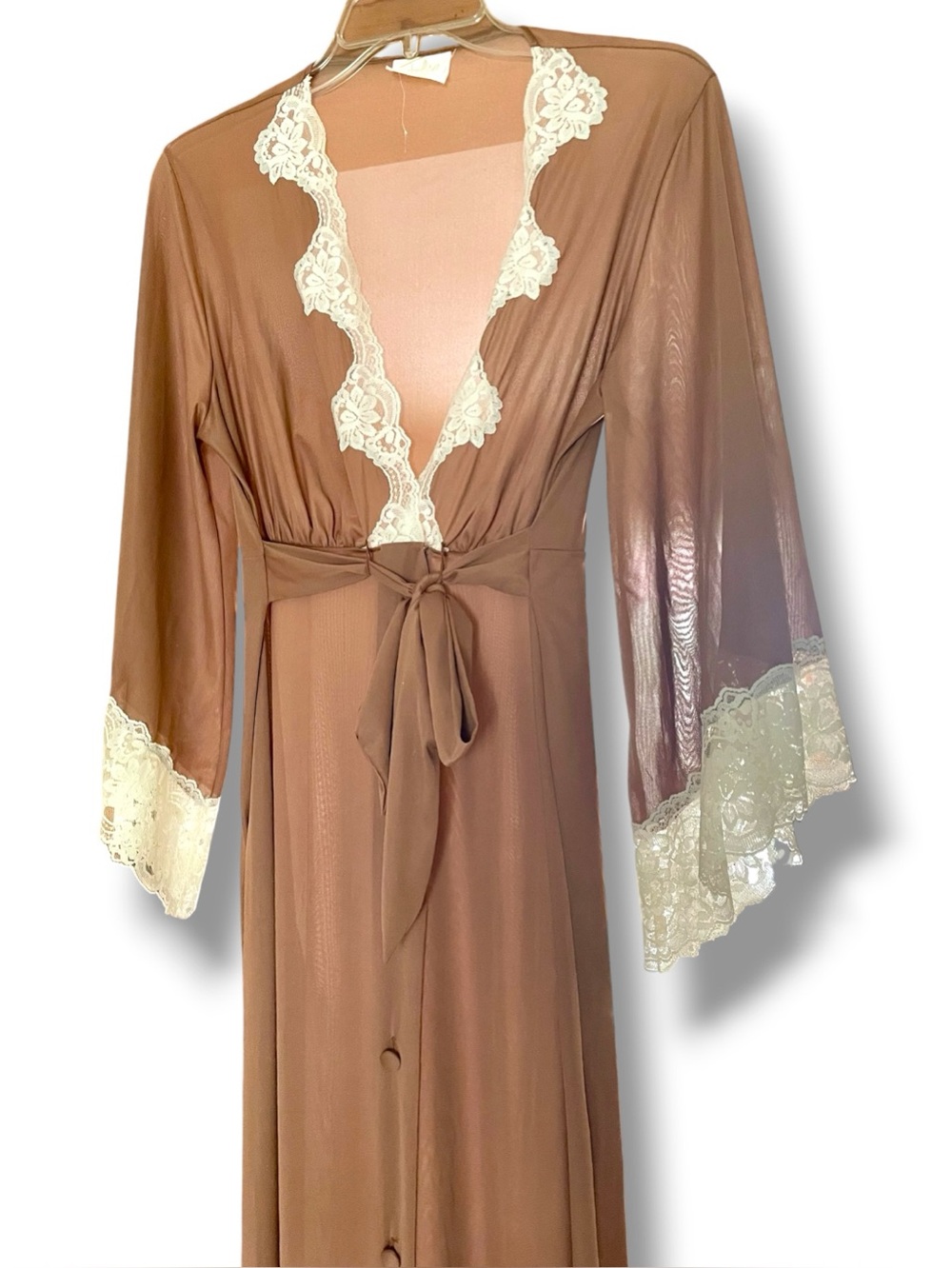 Jolie vintage robe, size S, sheer, attached belt, lace, 1960’s/1970’s, no stains
